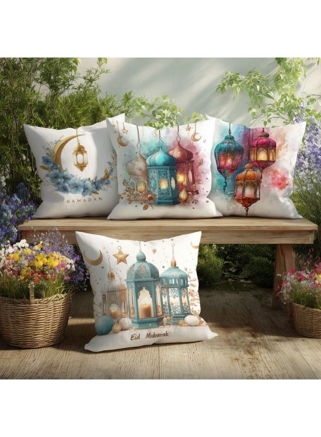 4 قطع طقم أغطية وسادة تزيينية لشهر رمضان الكريم والعيد، بتصميم مائي بسيط للقمر والفوانيس، من قماش الفلوت الناعم بألوان ساحرة، مقاس 45*45 سم، مناسبة للغرفة والأريكة وغرفة المعيشة وديكور رمضان والعيد - Image 5